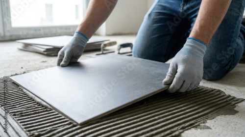 Professional tiler installing ceramic floor tiles with adhesive