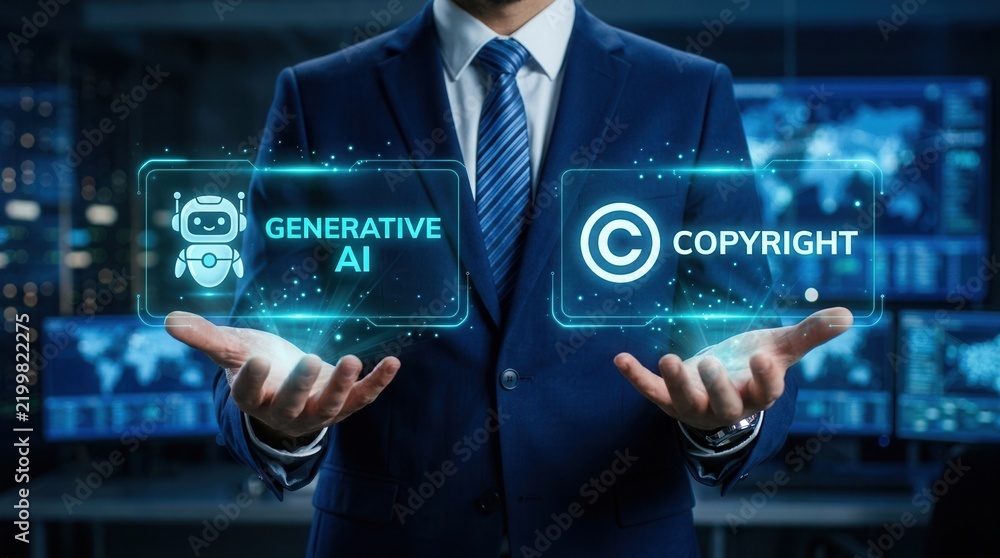 Obraz premium Businessman presenting a virtual concept of generative AI and copyright intellectual property protection.
