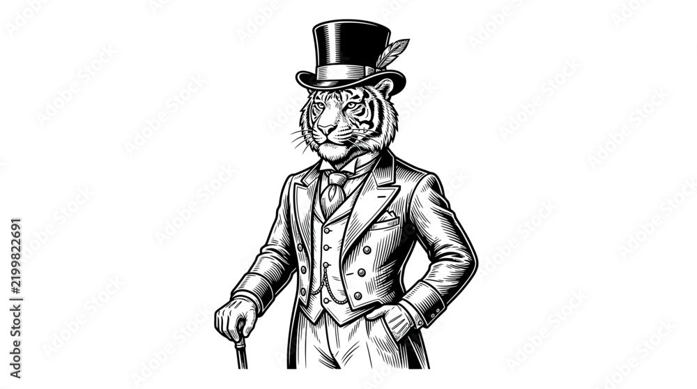 Obraz premium Dapper Tiger in Top Hat and Suit, Isolated