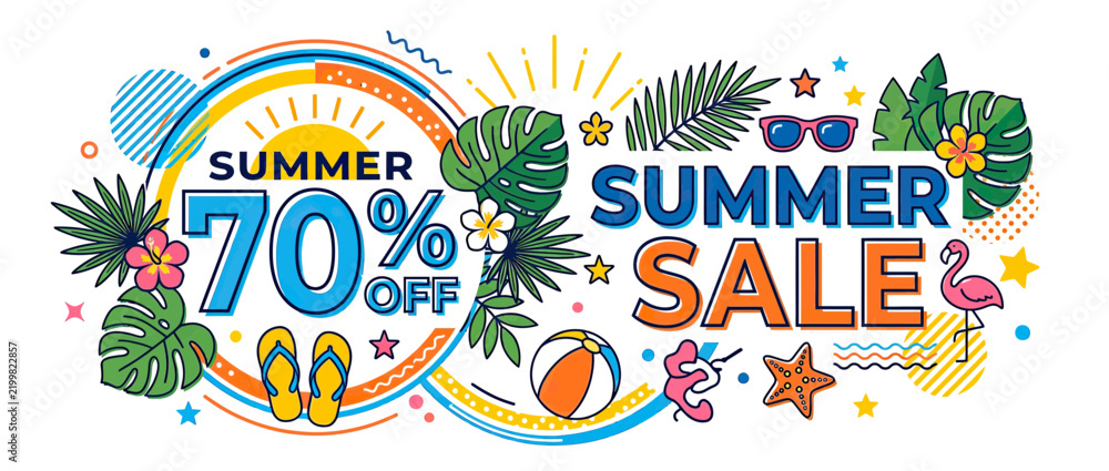 Fototapeta premium Summer Sale 70% Off Discount Banner with Tropical Elements