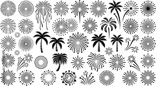 fireworks vector illustration set with palm trees holiday celebration design
