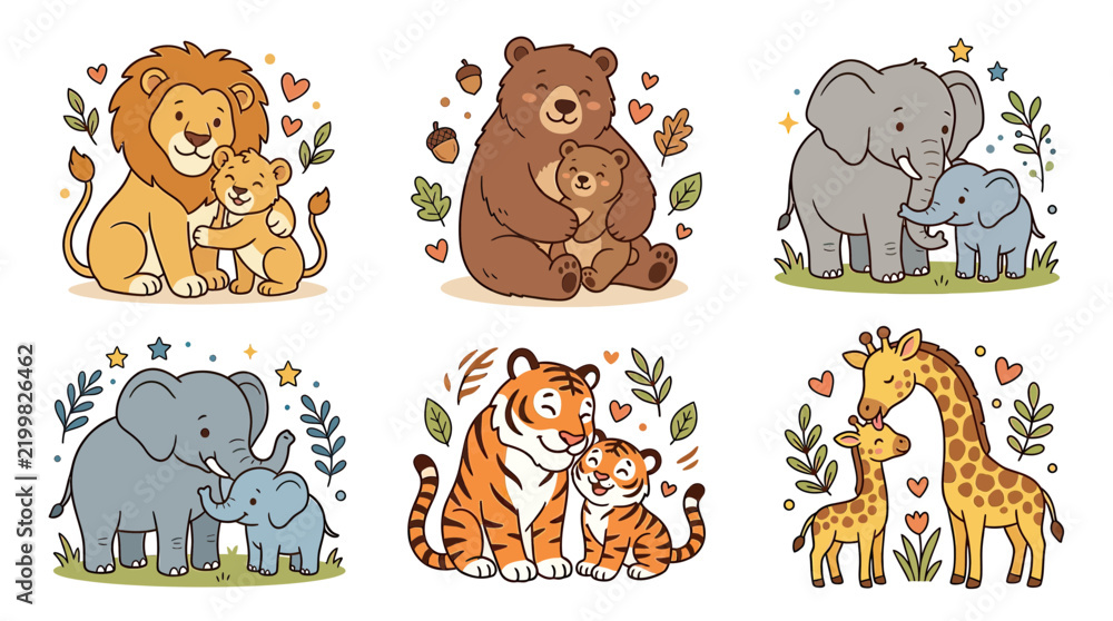 Obraz premium Cute Cartoon Animal Families Hugging