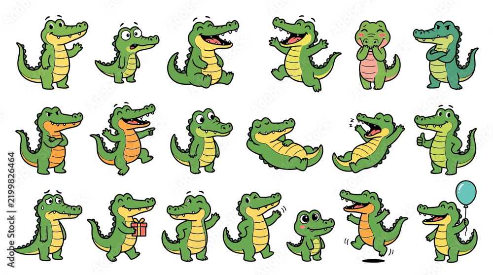 Fototapeta premium Cute Cartoon Alligators Collection Isolated