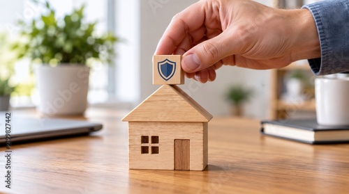 Hand Placing A Wooden Block With Shield Icon On Top Of A Toy House, Representing Home Insurance Protection Concepts