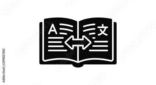 Obraz na plátně Open book silhouette with latin and asian characters represents translation and