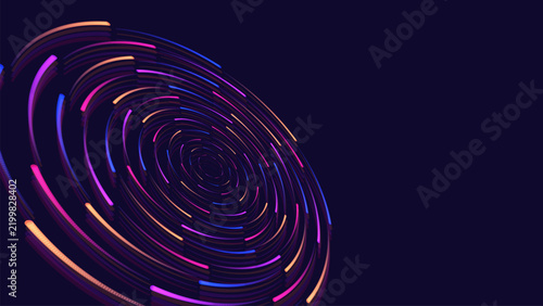 Abstract vector background with neon circular light streaks creating a dynamic vortex pattern on a dark blue gradient surface