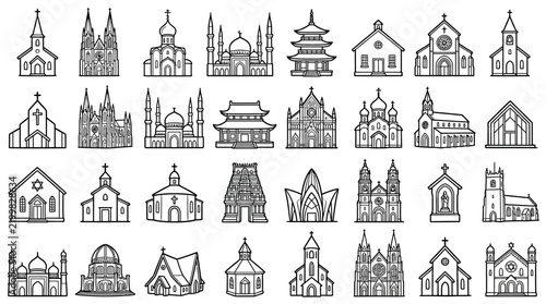 Architectural line drawings of diverse temples, churches, and pagodas arranged in a grid provide a comprehensive visual reference for religious building typology.