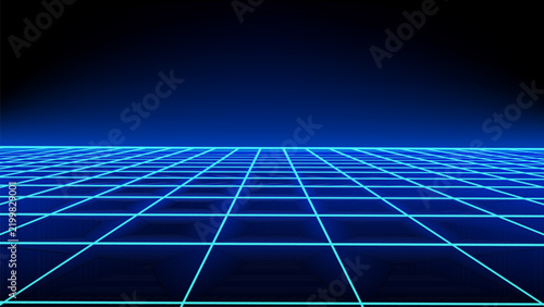 Abstract vector background with a glowing neon blue perspective grid on a dark surface for futuristic digital technology