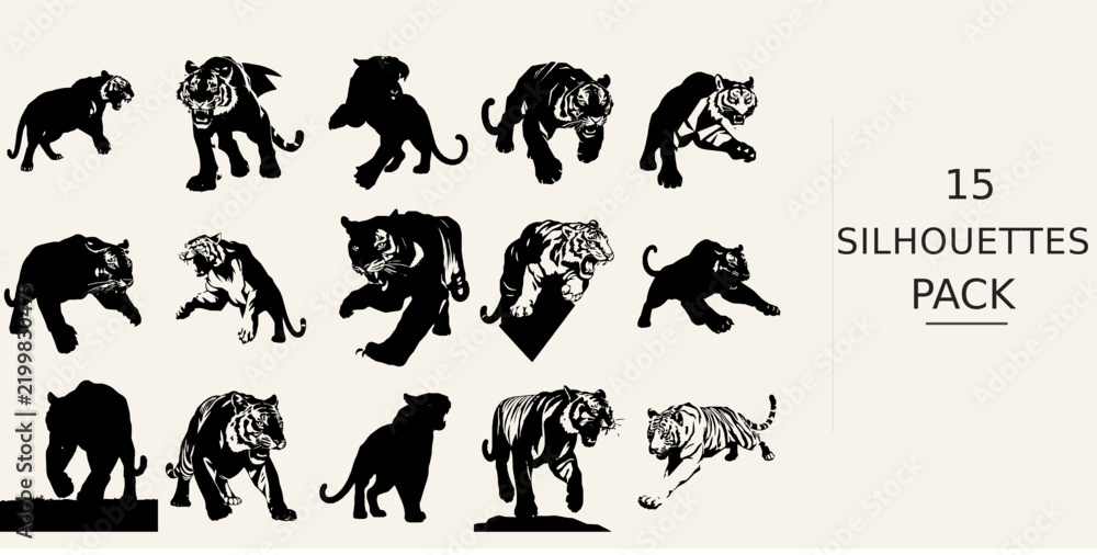 Obraz premium Tiger Pouncing Silhouette - Angular Shape Fine Detail Silhouette Black Vector Clipart on White Background