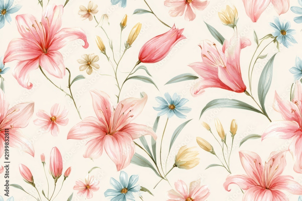 Fototapeta premium Elegant Pink Lily Watercolor Seamless Pattern with Pale Blue, Pink and Butter Yellow Flowers