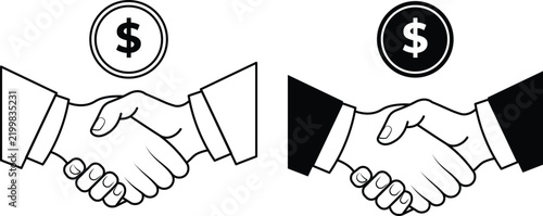 Business handshake icons with dollar coin symbol