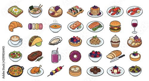 Comprehensive Set of Hand-Drawn Food and Drink Illustrations for Menus and Culinary Design