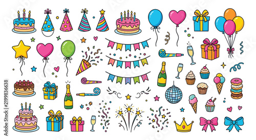 Colorful Hand-Drawn Birthday Celebration Doodle Icons Set with Party Cakes, Balloons, Gifts, and Decorations