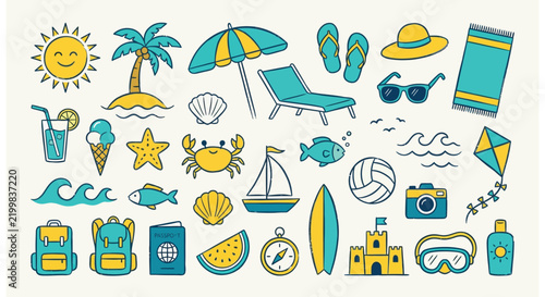Summer Beach Vacation Icon Set - Teal and Yellow Hand-Drawn Doodle Illustration
