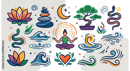 Yoga and Wellness Vector Icon Set with Meditation and Nature Symbols