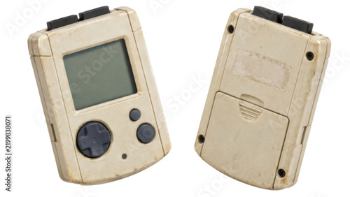 Retro aged compact handheld game console front and back set, small vertical device presented from display side and rear battery side. Studio shot isolated on white background for retro gaming design.