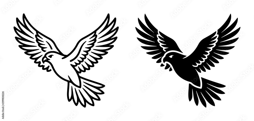 Obraz premium Two stylized bird icons, one outline and one silhouette, depicting a falcon in flight. Vector graphics for freedom, speed, and nature themes.