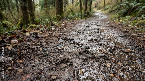 Muddy forest hiking trail with wet leaves and puddles after rainfall, low angle ground view