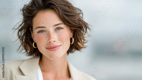 A portrait of a smiling woman with short brown wavy hair, wearing gold hoop earrings and a light-colored jacket, looking forward.   