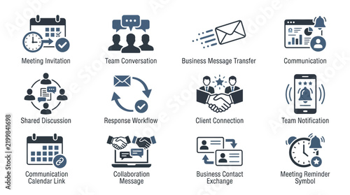 Business communication icon set, 12 professional team collaboration symbols, corporate workflow and meeting vector icons