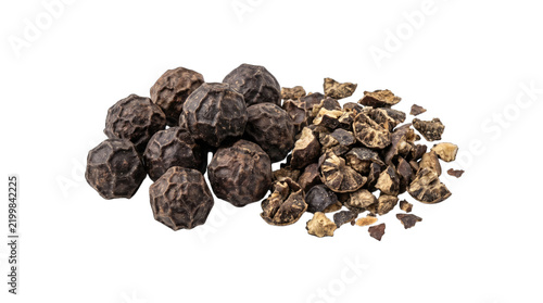 Whole and crushed black peppercorns for cooking and seasoning isolated on transparent background
