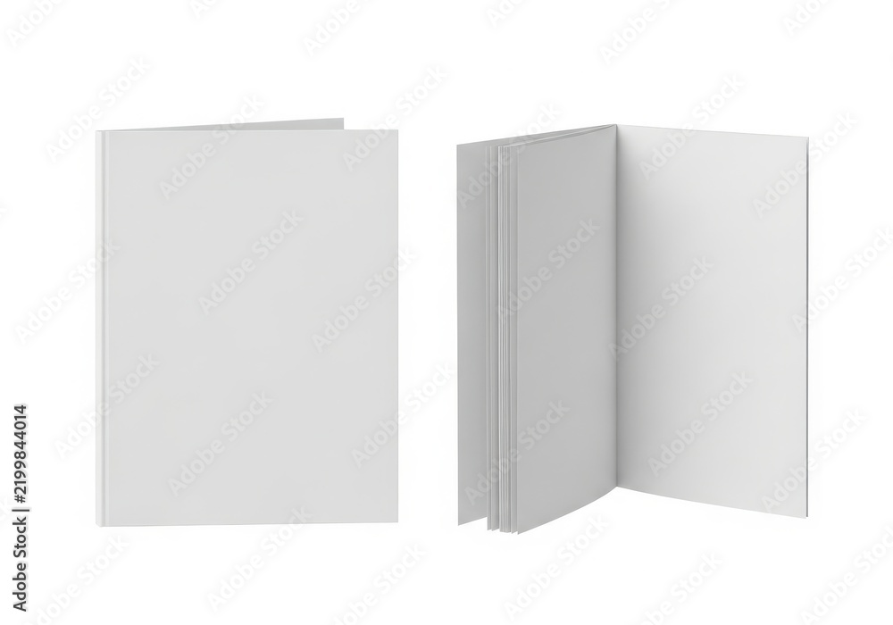 Fototapeta premium Blank Book: Two white, blank books, one closed and one open, presented in a clean, minimalist style, ideal for showcasing cover designs or content.
