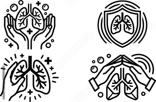 Human lungs health care protection line icons set featuring hands holding respiratory organ shield bold outline doodle
