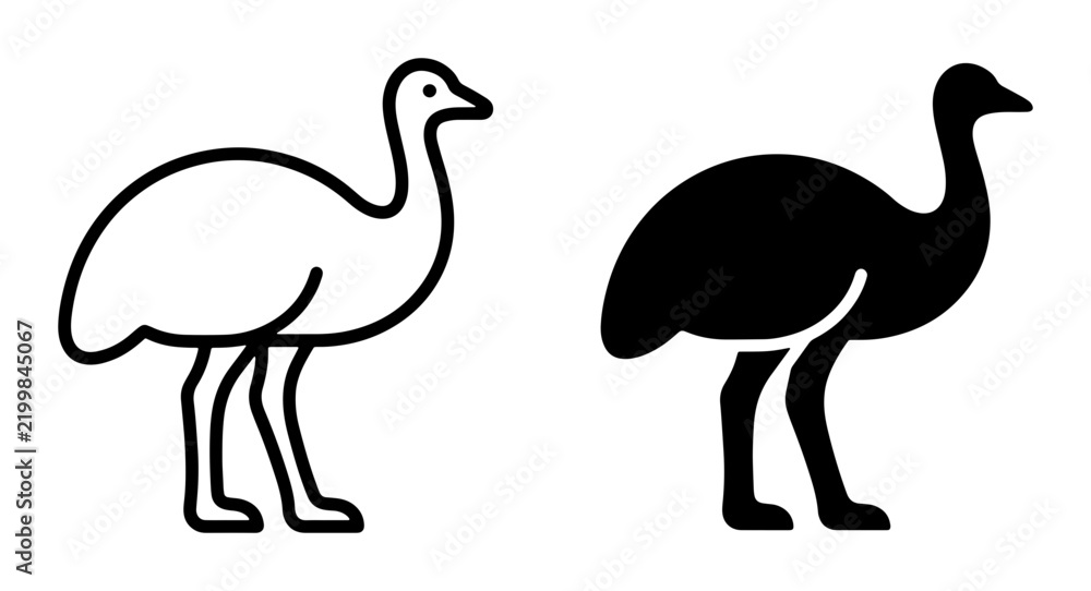 Obraz premium Emu Icon Set: Outline and Silhouette Vector Graphics for Wildlife and Nature Themes, Minimalist Bird Illustrations