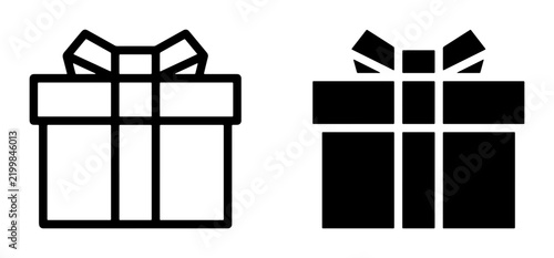 Gift Box Icons, Present Symbols, Celebration Graphics. Two stylized gift boxes, one outlined and one solid black, featuring ribbon and bow details. Ideal for holiday, birthday