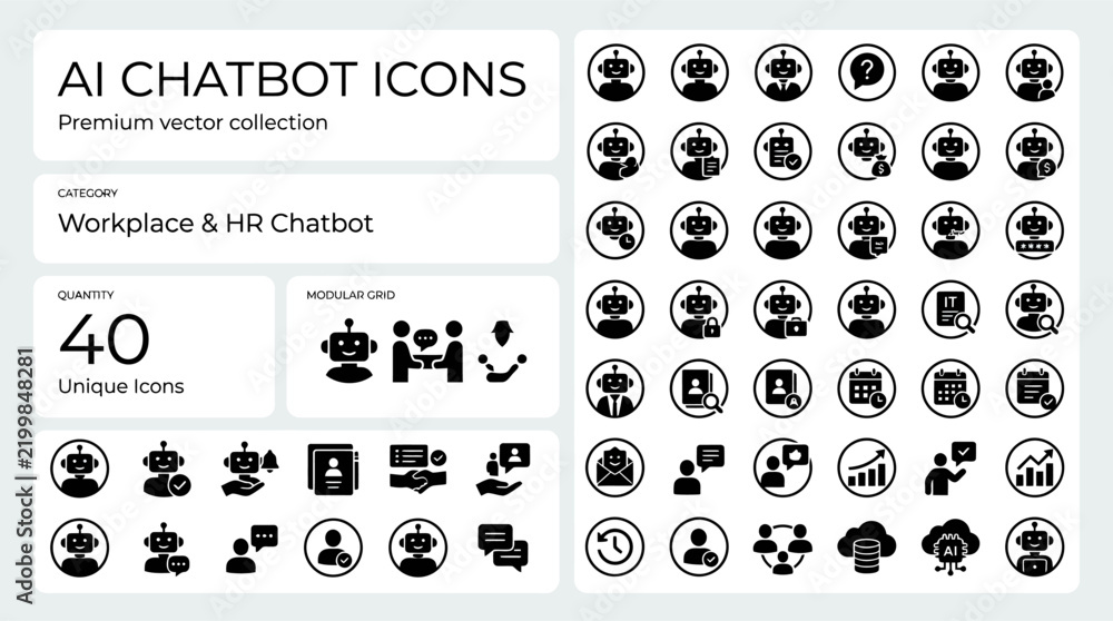 Obraz premium Modern AI Chatbot Icons Vector Set for Business and HR Solutions. Sleek black glyphs for virtual assistant, customer support, and technology concepts, ideal for web and