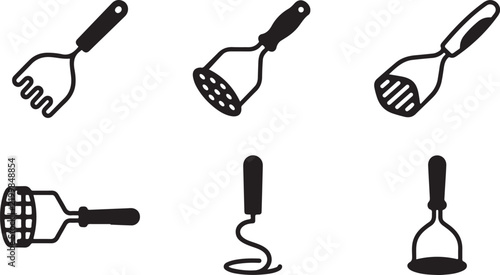Set of black potato masher icons in various styles isolated on a white background