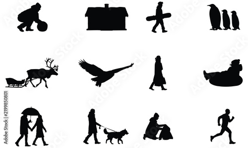 Set of winter activity black silhouettes including people playing in snow animals wildlife and small cabin house icons collection.