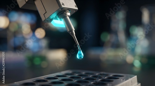 Automated laboratory robotic arm dispensing liquid into a multiwell plate for medical research and pharmaceutical development