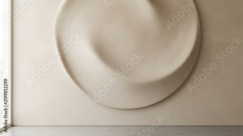 Large circular wall indentation on smooth neutral toned indoor wall with circular hollow embedded
