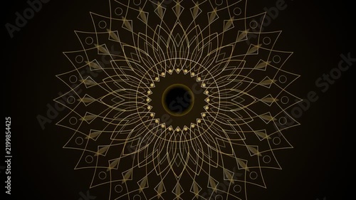 Stunning golden mandala pattern with intricate geometric shapes and symmetrical floral motifs on dark black background