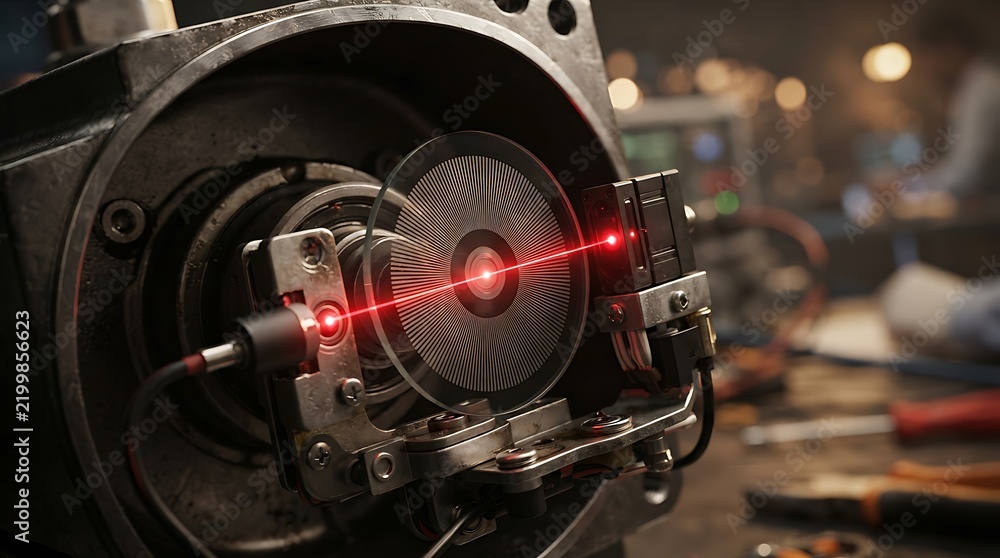 Fototapeta premium Laser beam passing through a circular glass element with interference patterns in a laboratory setting for optical research and precision engineering