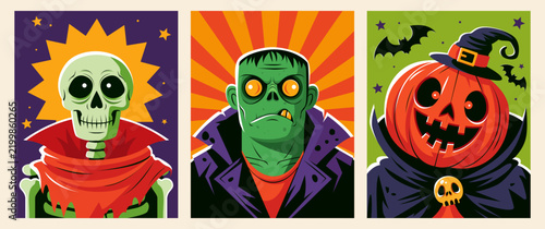Set of spooky Halloween greeting cards featuring characters in frightening costumes. Retro-style posters depicting a pumpkin, a skeleton, and a zombie. Vector illustrations of party invitations.