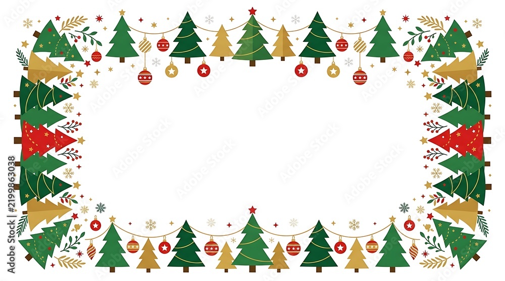Fototapeta premium Festive christmas border frame featuring green pine trees and colorful hanging ornaments on a white background