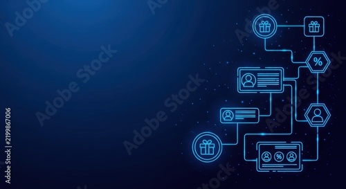Abstract Digital Network Connecting User Profiles and Gift Icons on a Blue Glowing Background