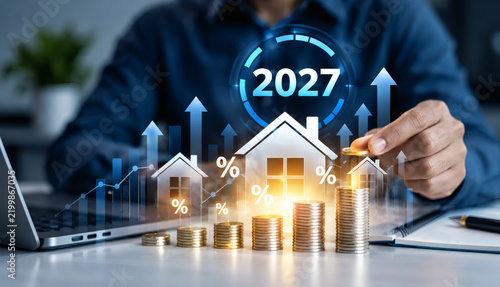 Financial growth and real estate investment forecast for 2027 with rising property values and economic success conceptual illustration for business and finance