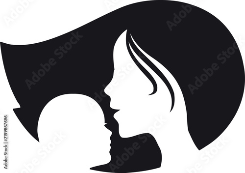Mother and Baby Silhouette Vector Logo Design with Profiling Faces of Mom and Infant Child for Parenting Healthcare and Maternity Projects