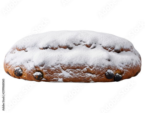 German stollen fruit bread with powdered sugar isolated over transparent background