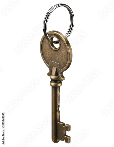 Antique brass vintage skeleton key with metal ring on a transparent backdrop