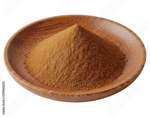 Ground organic cinnamon spice in wooden bowl isolated transparent background