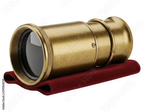 Antique brass camera lens resting on red velvet cloth transparent background