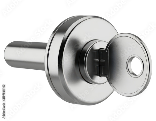 Chrome metal key inserted into a round lock cylinder isolated on transparent