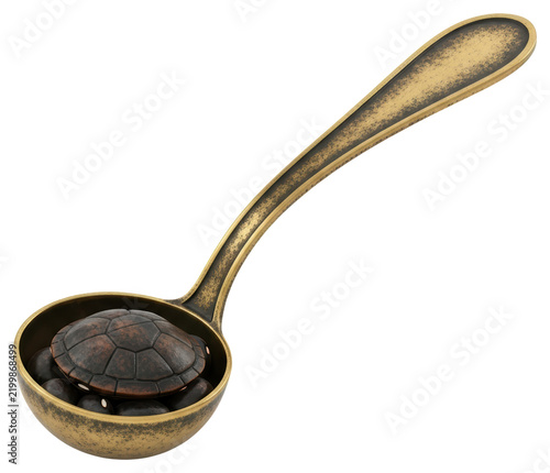 Antique brass ladle with turtle shell ornament isolated on a transparent background
