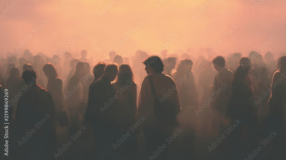Fototapeta premium Softly colored crowd of people gathered together in a hazy atmospheric space with gentle light and dreamy abstract ambiance