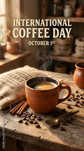 Celebrating international coffee day with a warm cup and roasted coffee beans