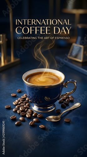 A steaming cup of coffee and beans celebrating international coffee day